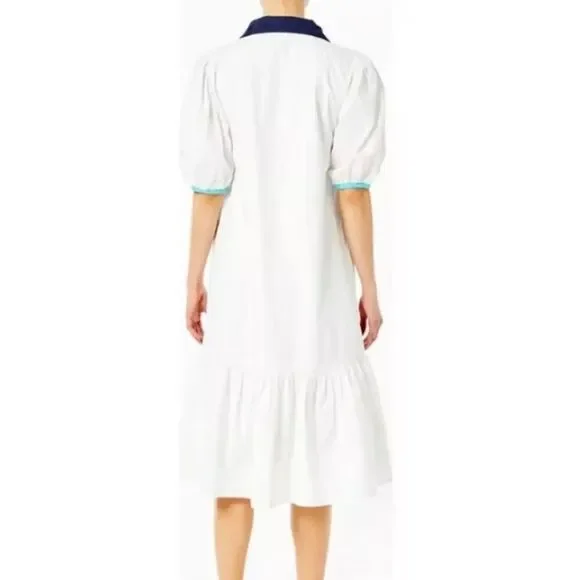 ADDISON BAY ISLE DRESS 100% Poplin Cotton White Blue Pipping Drop Waist Midi Sma - Picture 5 of 11